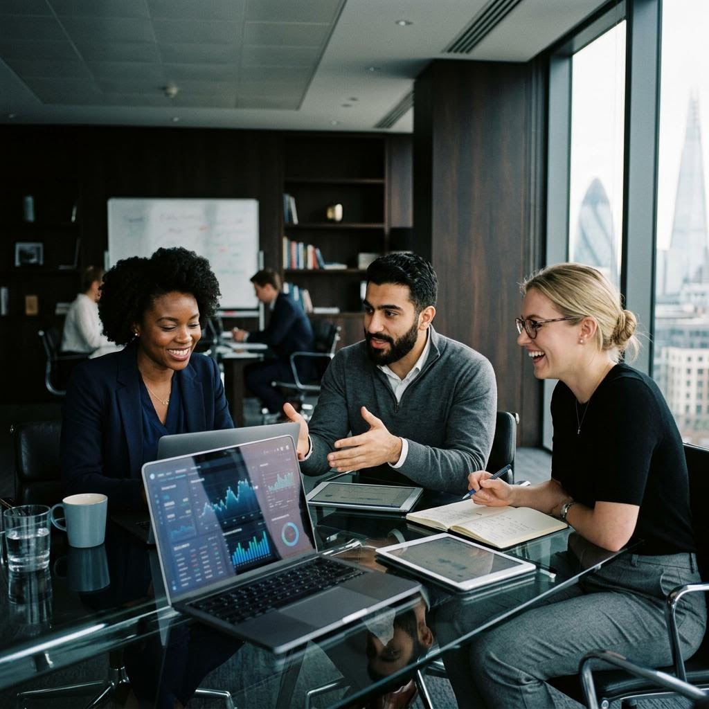 Bitcode Prime analysts reviewing market data in a modern office environment